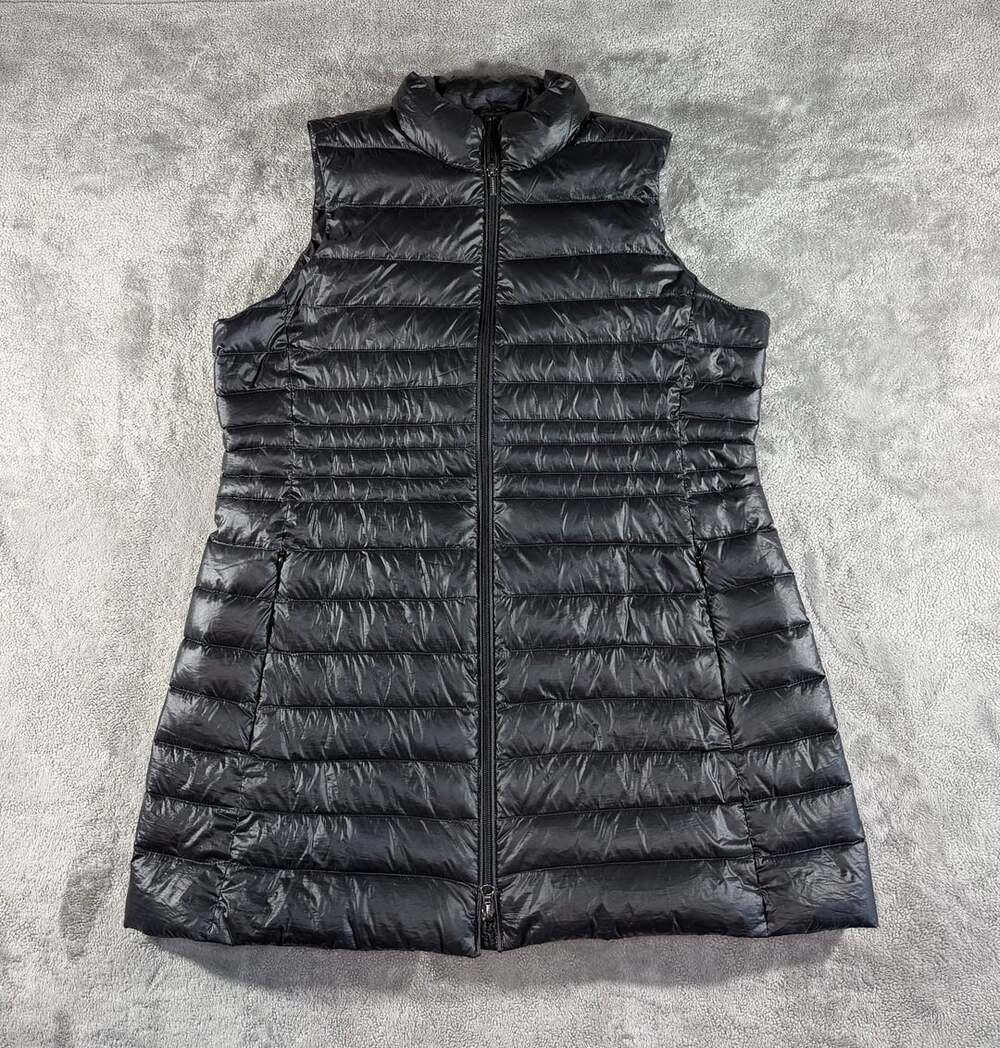 Lands' End Down Puffer Vest Size L 14-16 Black Shiny Long Quilted Winter